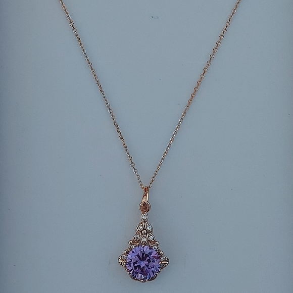 Amethyst Pendant Necklace Decorated With CZ, 23 in - Picture 3 of 7